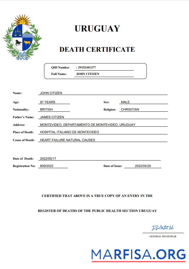 Printable Uruguay death certificate Word and PDF template